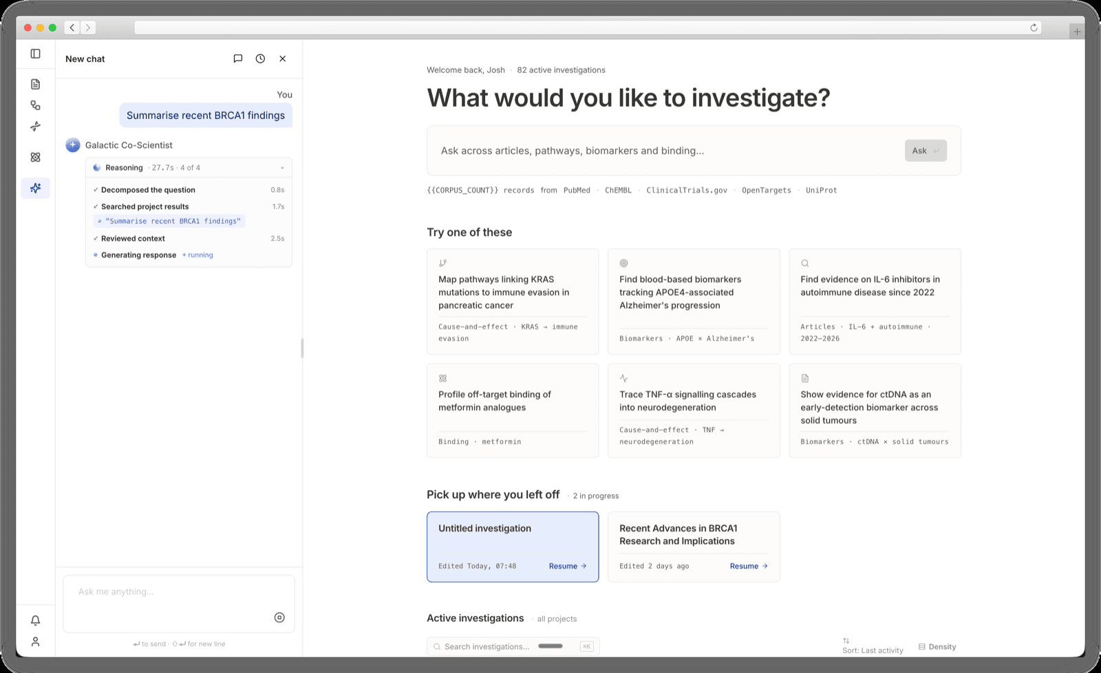 Galactic Co-Scientist interface showing AI answers with citations traceable to source papers